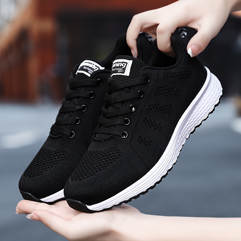 mens solid woven knit breathable sneakers comfy non slip lace up shoes for mens outdoor activities details 1