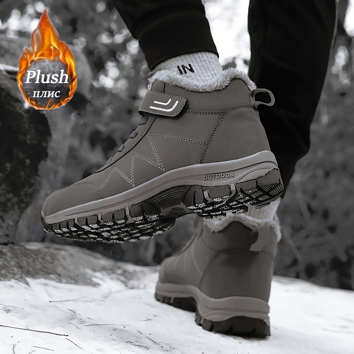 mens solid snow boots warm fleece cozy non slip ankle boots plush comfy outdoor hiking shoes lined trekking shoes winter details 0