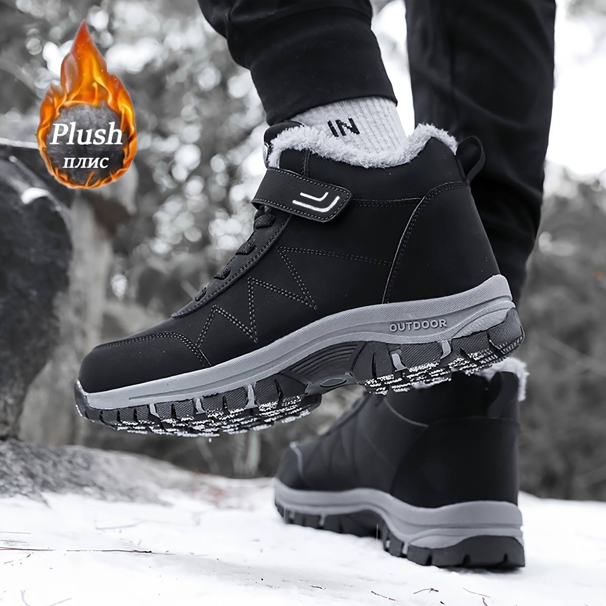 mens solid snow boots warm fleece cozy non slip ankle boots plush comfy outdoor hiking shoes lined trekking shoes winter details 4