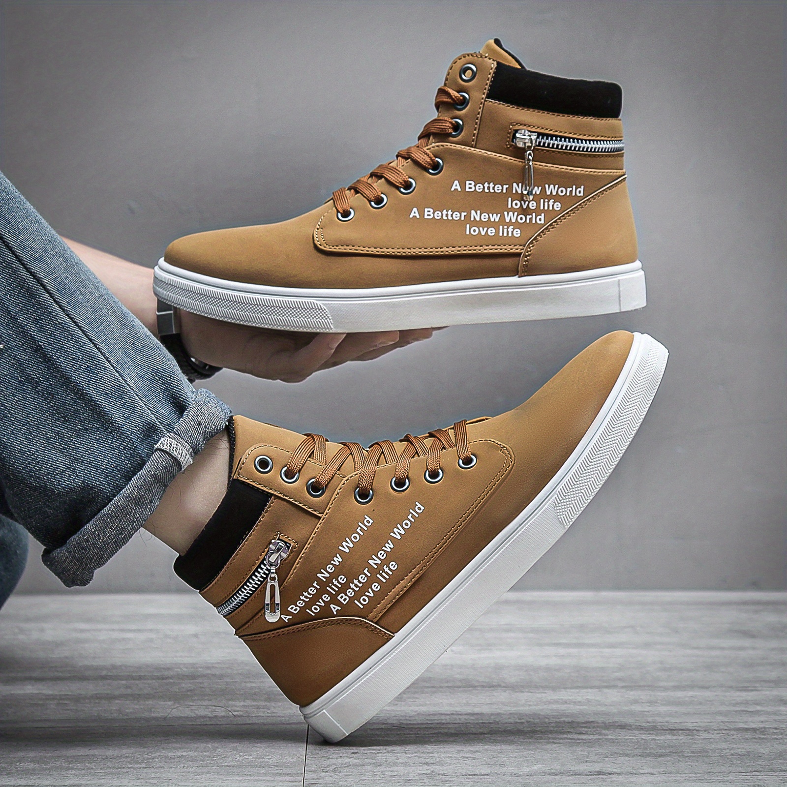 mens lace up sneakers high top zipper skate shoes with good traction breathable details 0