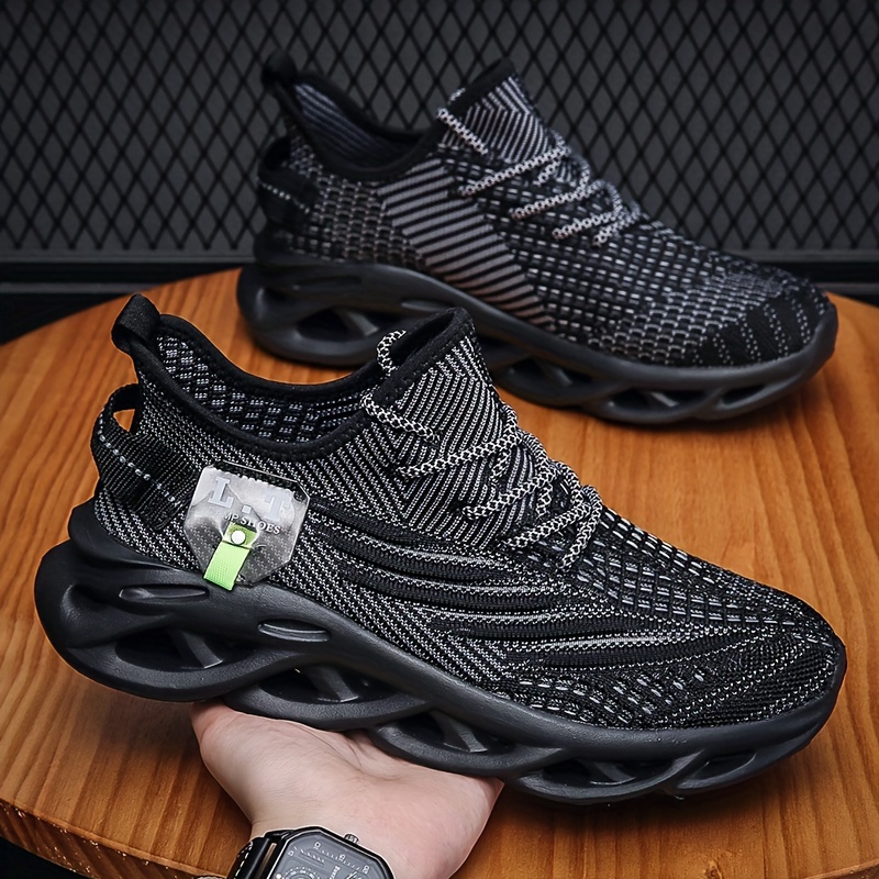 mens knit breathable running shoes with shock absorption lace up comfy soft sole sneakers for outdoor jogging spring and summer details 9