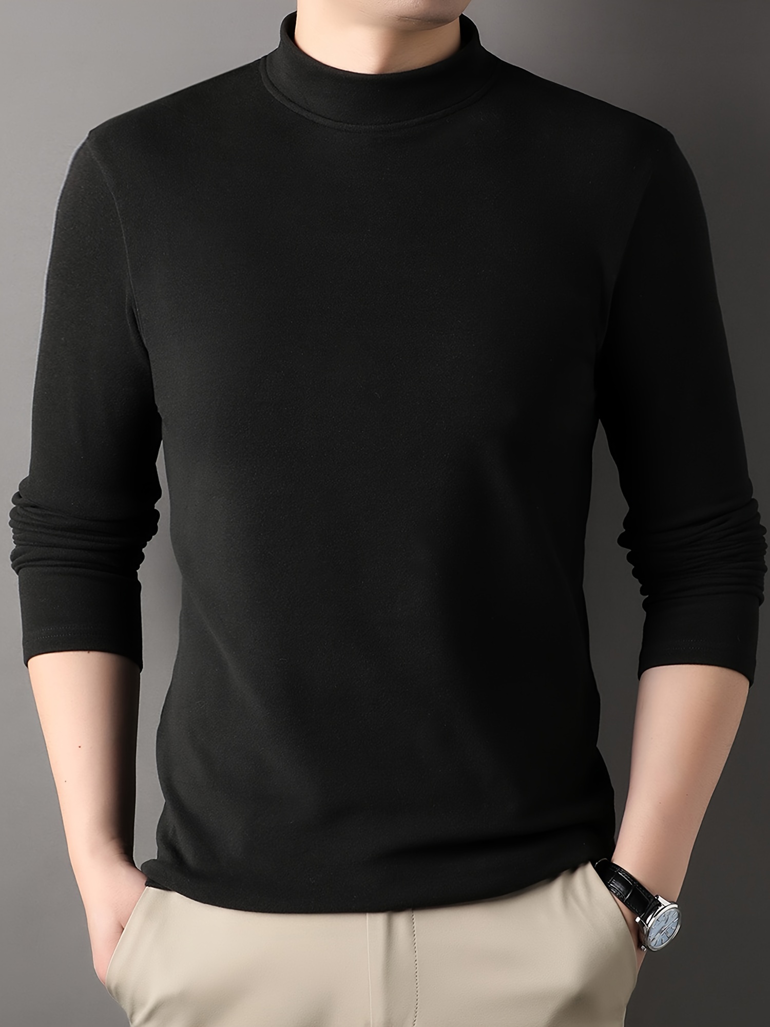 match knitted solid sweater, all match knitted solid sweater mens casual warm high stretch mock neck pullover sweater for men fall winter details 0