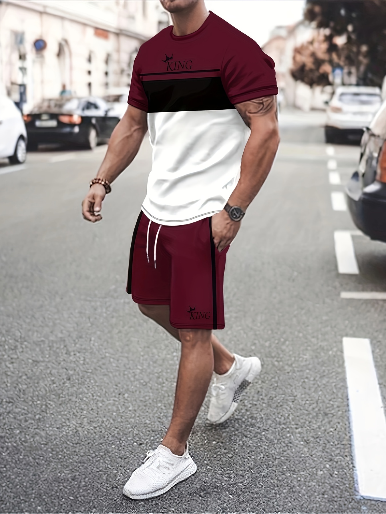 2pcs color block outfits for men casual crew neck short sleeve t shirt and drawstring shorts set for summer mens clothing loungewear vacation workout details 6