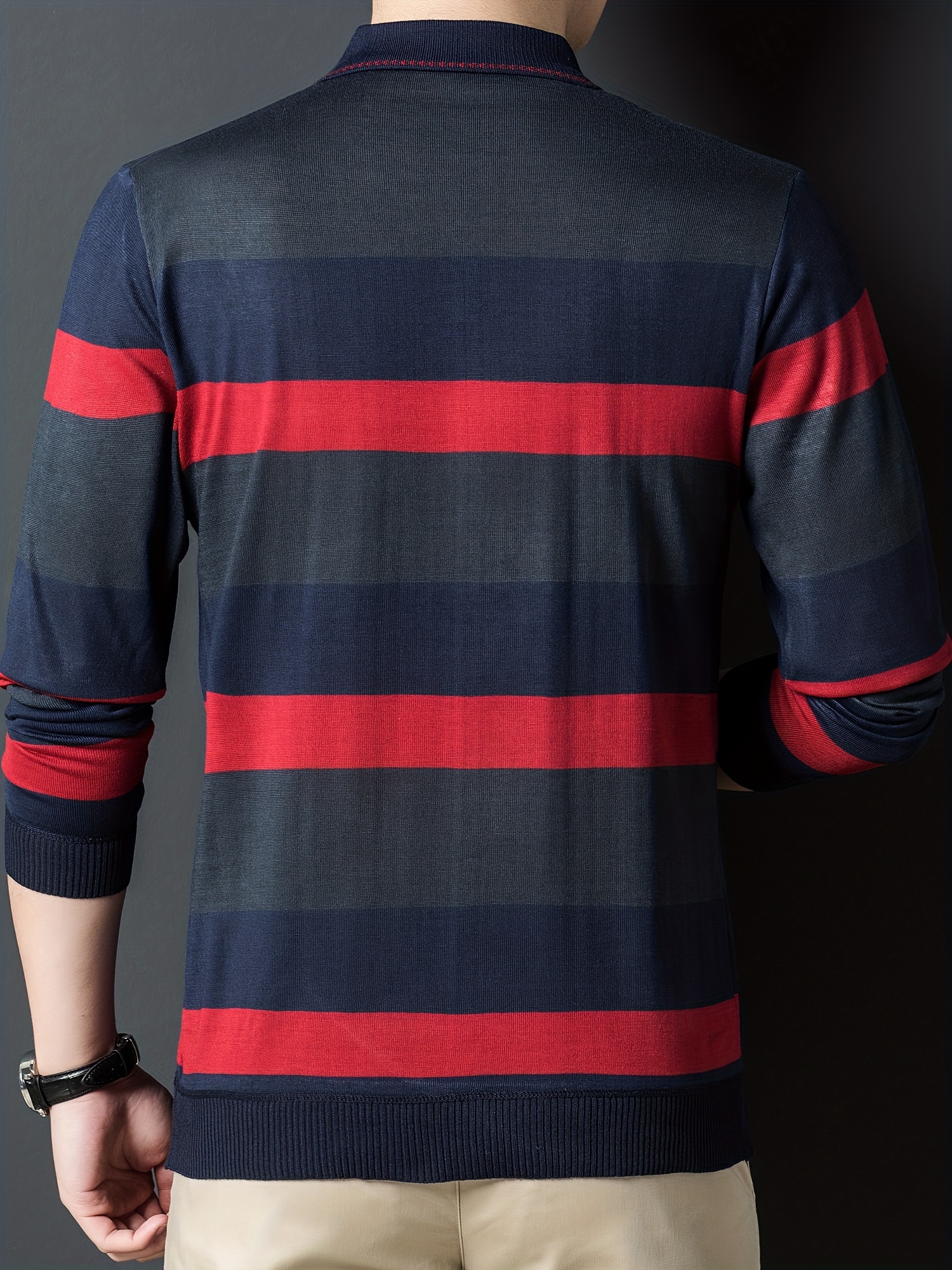 mens fashionable spring and autumn spliced striped shirt slim fitting thin top can be worn outdoors in spring and autumn details 3