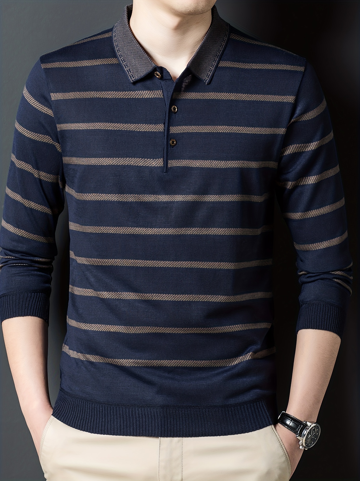 mens fashionable spring and autumn spliced striped shirt slim fitting thin top can be worn outdoors in spring and autumn details 10