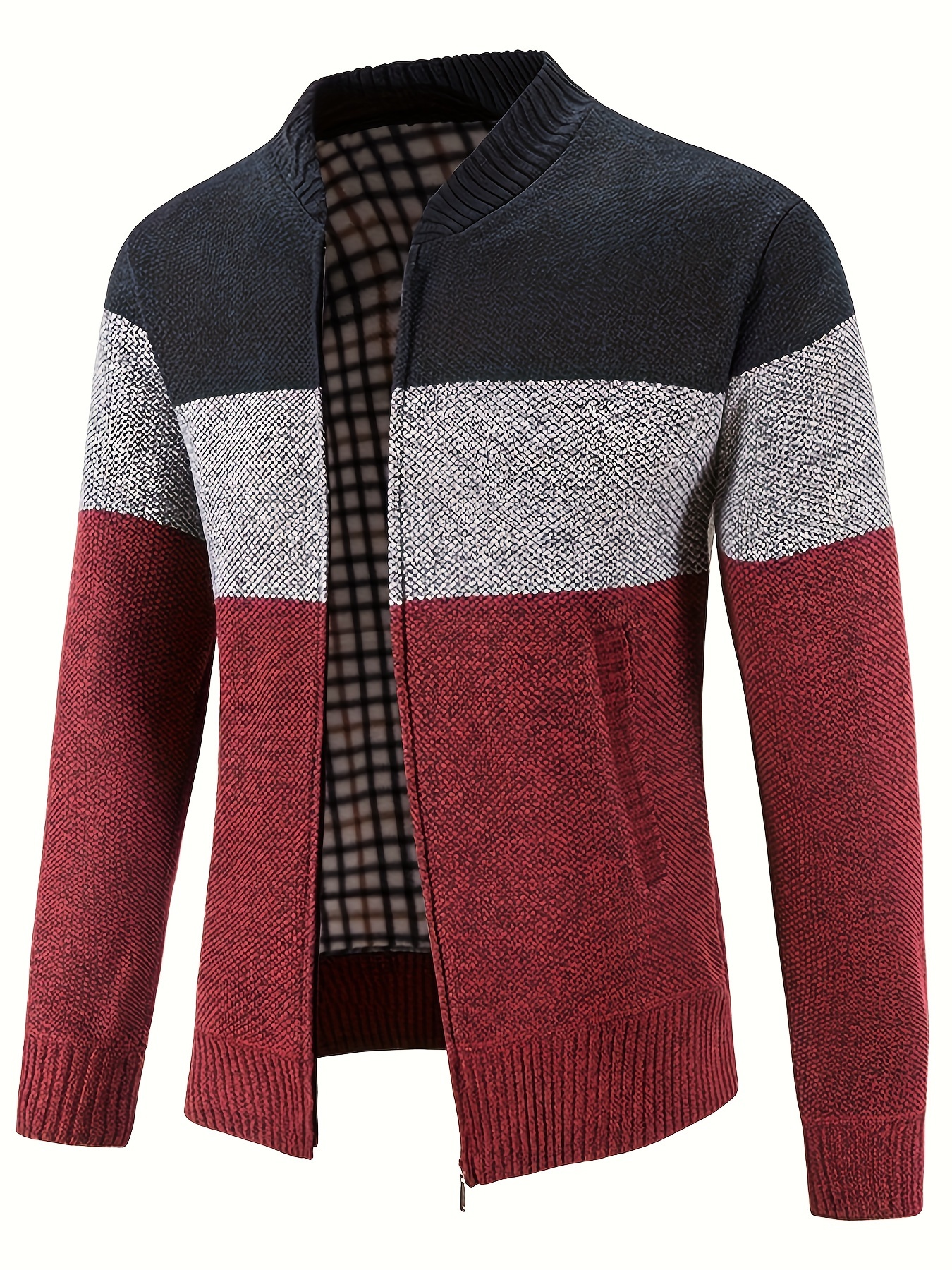 mens knitted crew collar warm jackets casual color block thermal coat for autumn winter mens clothing details 12