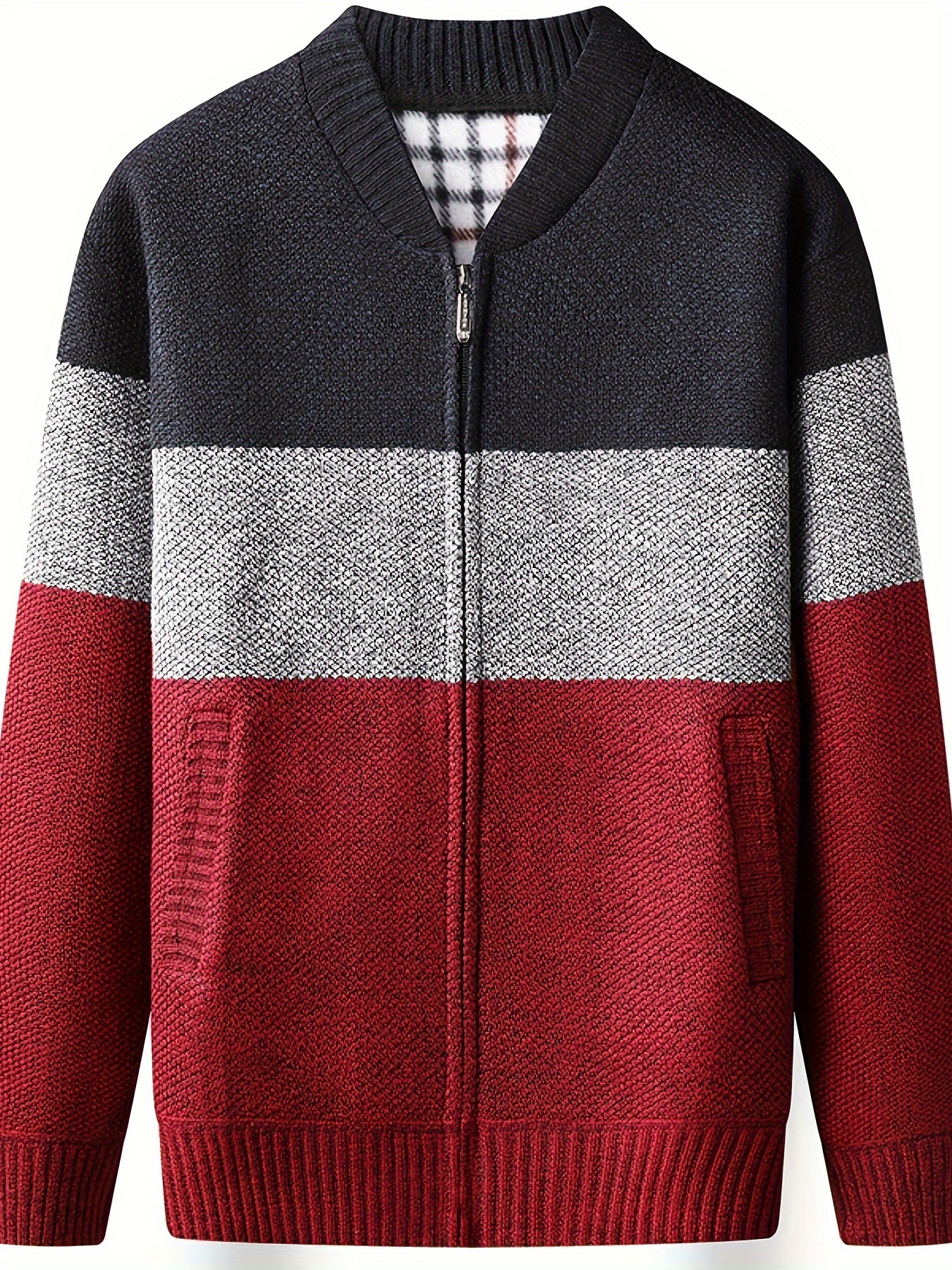 mens knitted crew collar warm jackets casual color block thermal coat for autumn winter mens clothing details 13