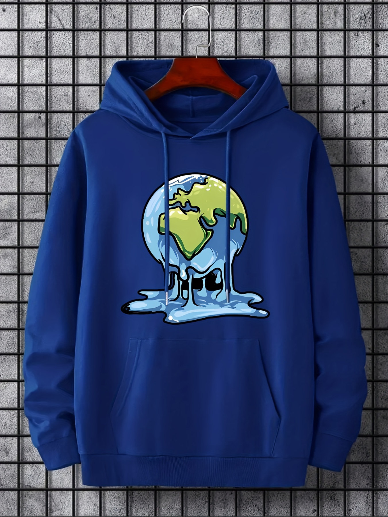 cartoon melting earth print hoodie hoodies for men mens casual graphic design pullover hooded sweatshirt with kangaroo pocket streetwear for winter fall as gifts details 6