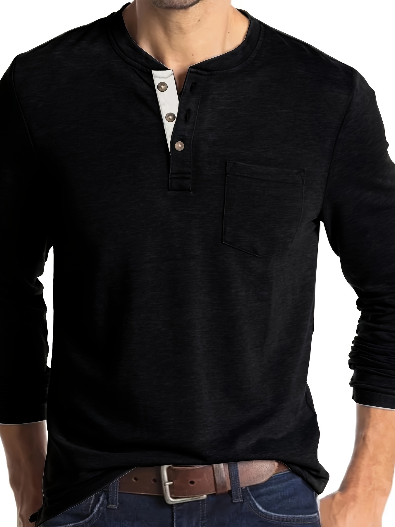 mens basic henley tee casual long sleeve henley t shirt with chest pocket tops for men details 0