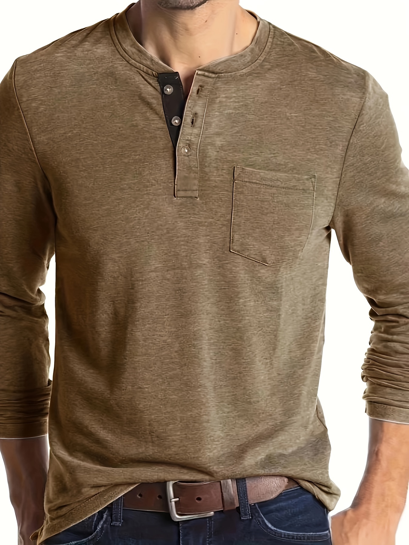 mens basic henley tee casual long sleeve henley t shirt with chest pocket tops for men details 11