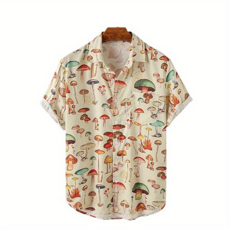 shirt, fashion trendy mens summer lapel mushroom print short sleeve beach shirt for suffering in summer details 0