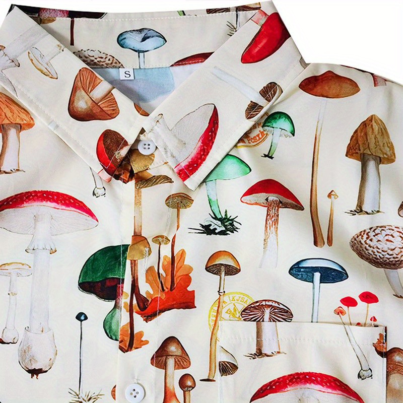 shirt, fashion trendy mens summer lapel mushroom print short sleeve beach shirt for suffering in summer details 2