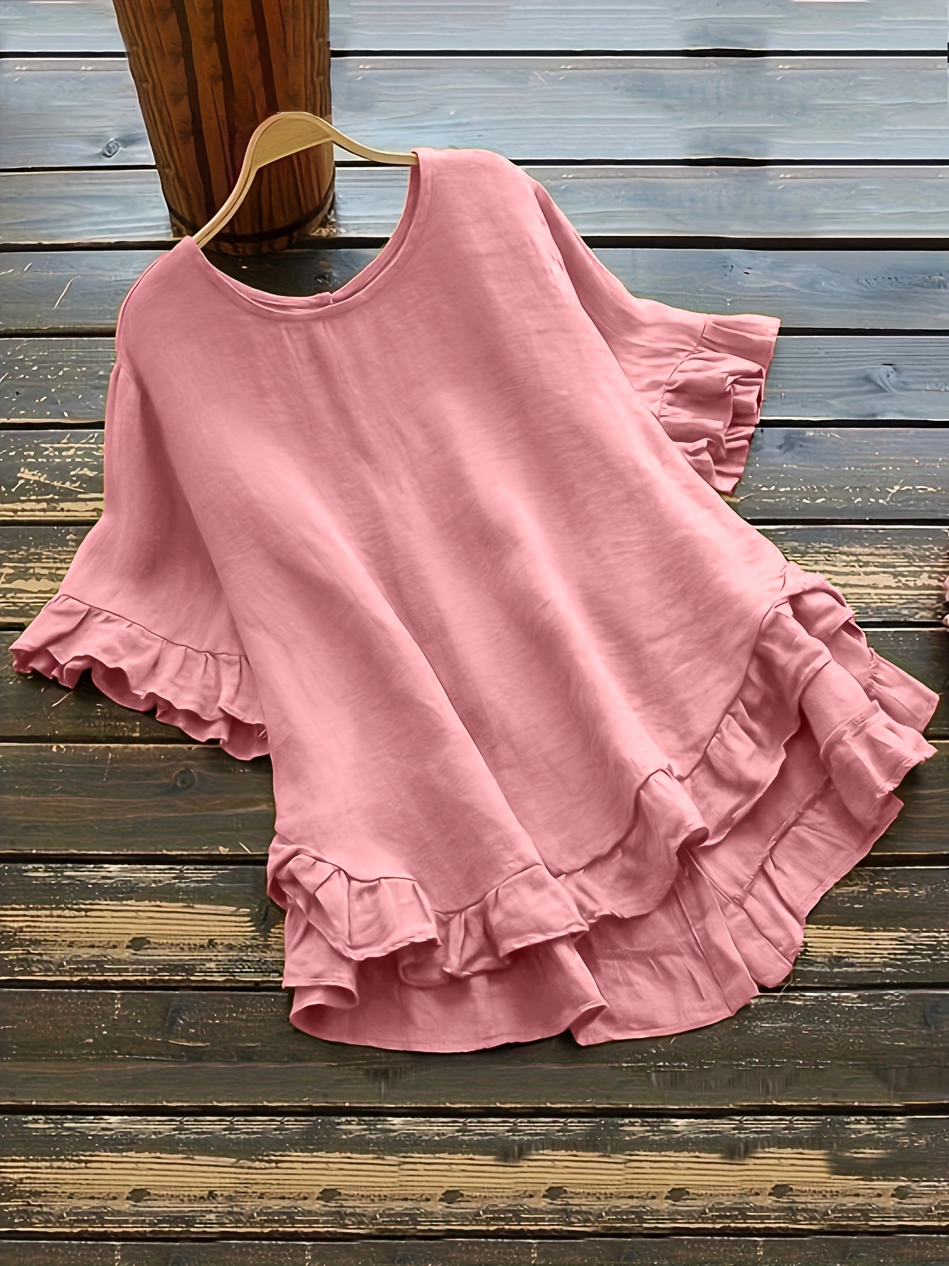 solid button back ruffled trim blouse casual short sleeve blouse for spring summer womens clothing details 12