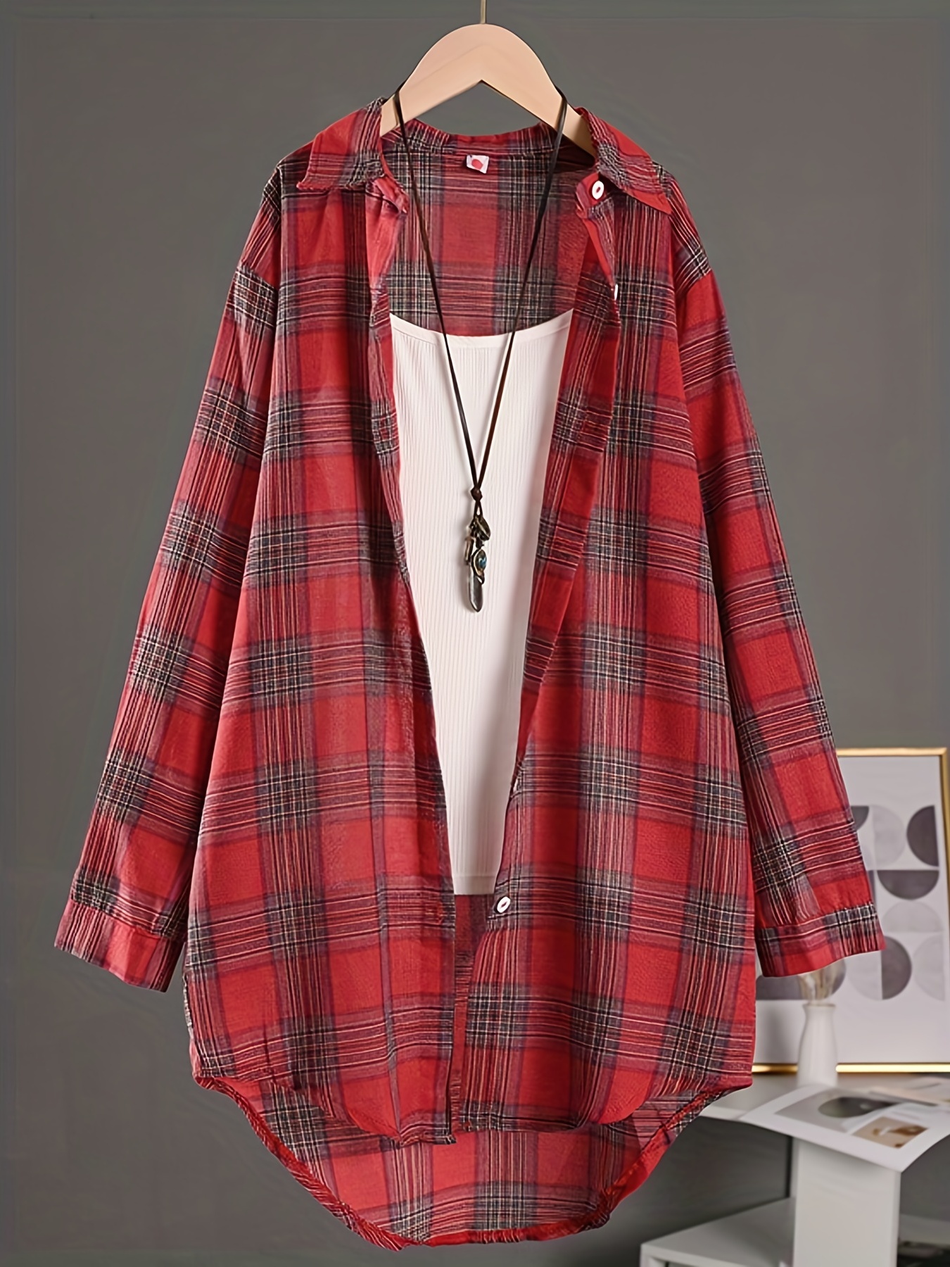 plaid print polo collar shirt casual long sleeve shirt for spring fall womens clothing details 7