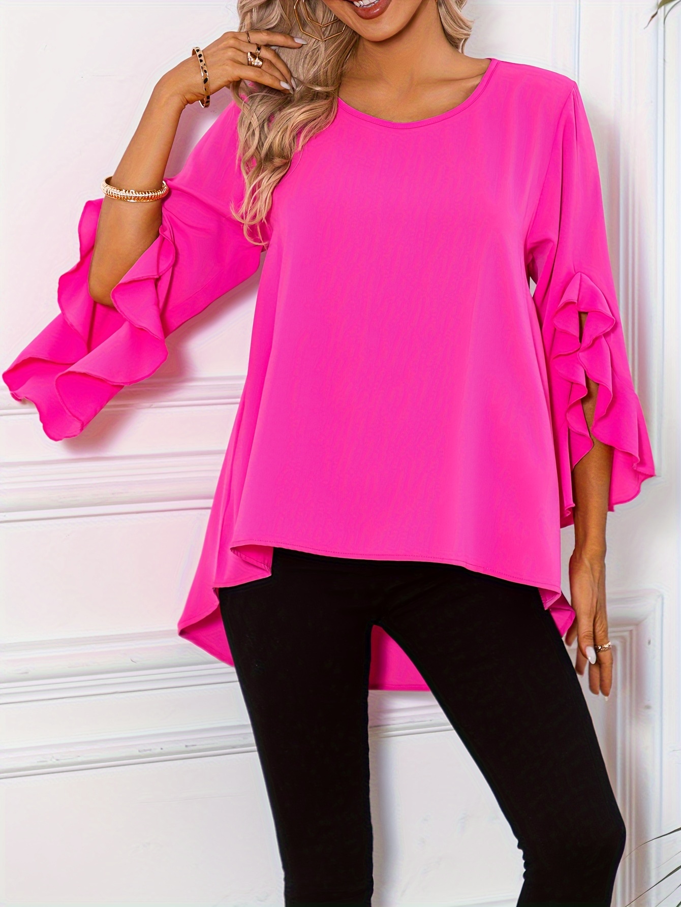 solid crew neck blouse casual ruffle sleeve blouse for spring fall womens clothing details 0