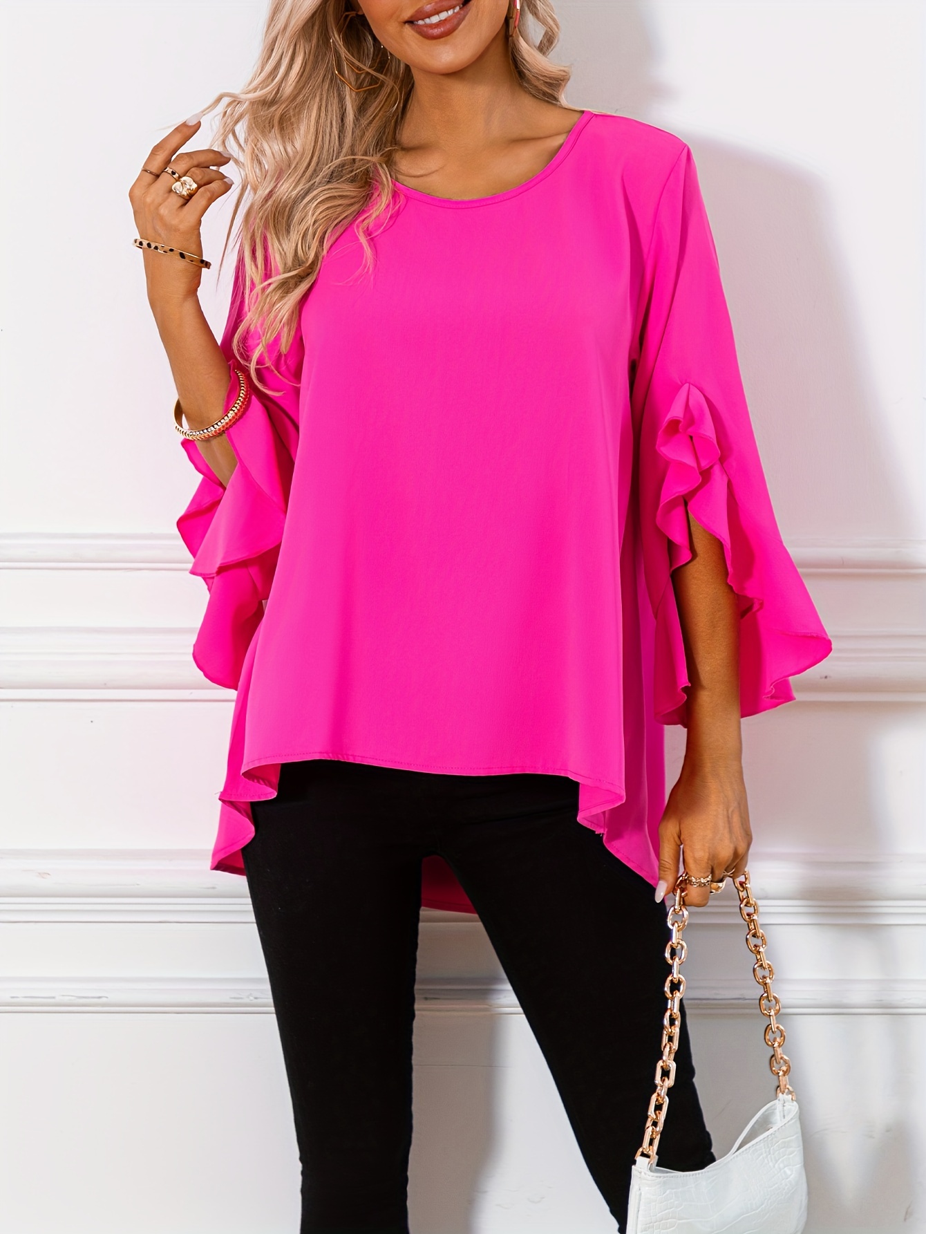 solid crew neck blouse casual ruffle sleeve blouse for spring fall womens clothing details 1