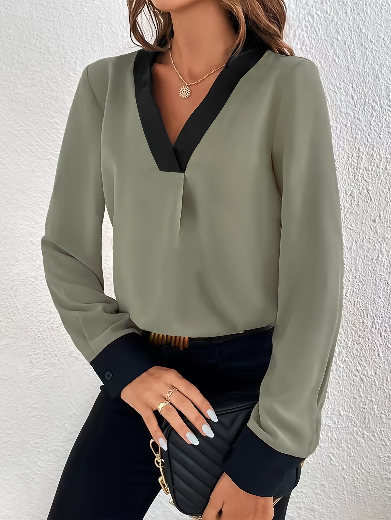 contrast trim v neck blouse elegant long sleeve blouse for spring fall womens clothing details 2