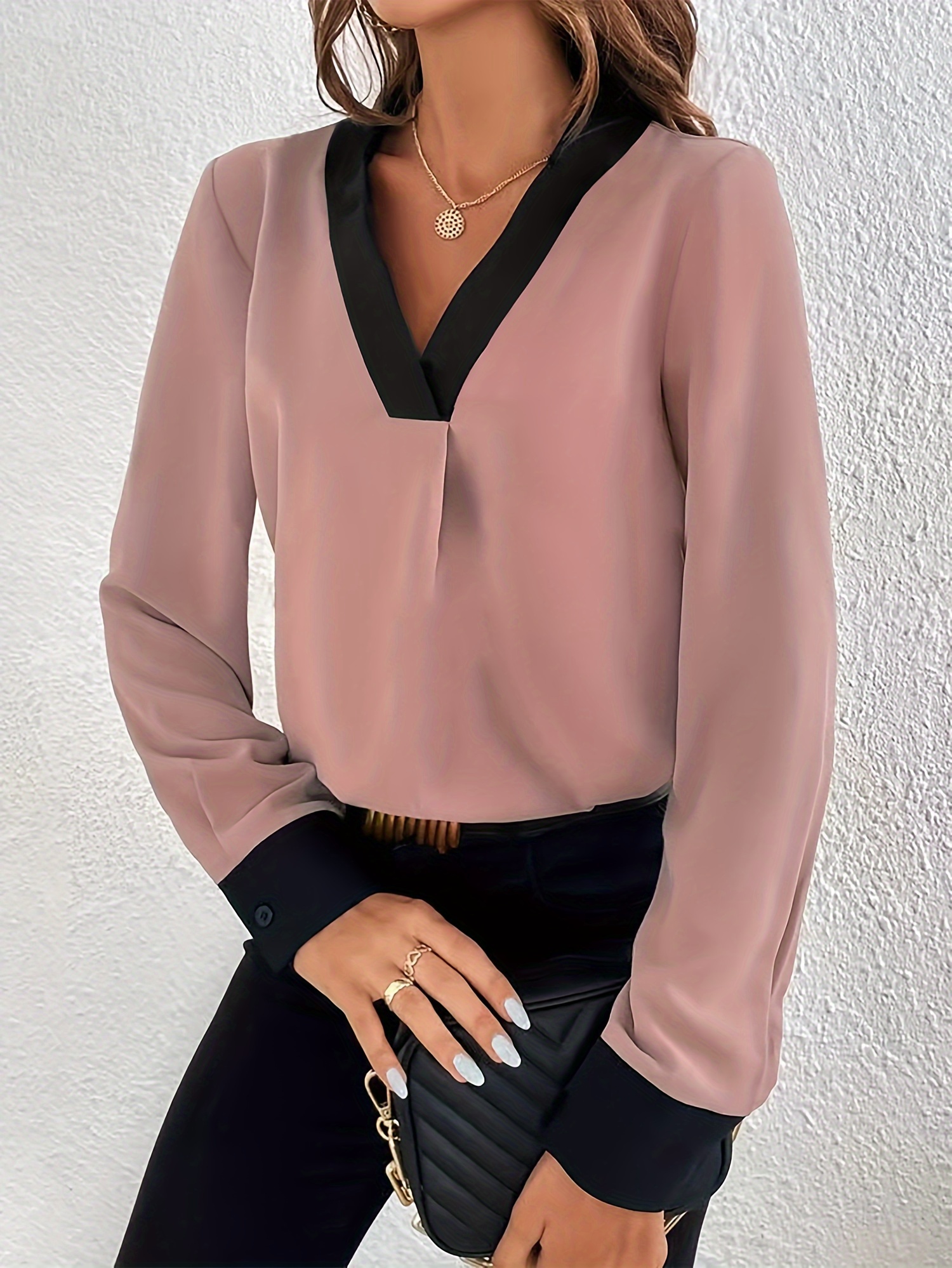 contrast trim v neck blouse elegant long sleeve blouse for spring fall womens clothing details 5