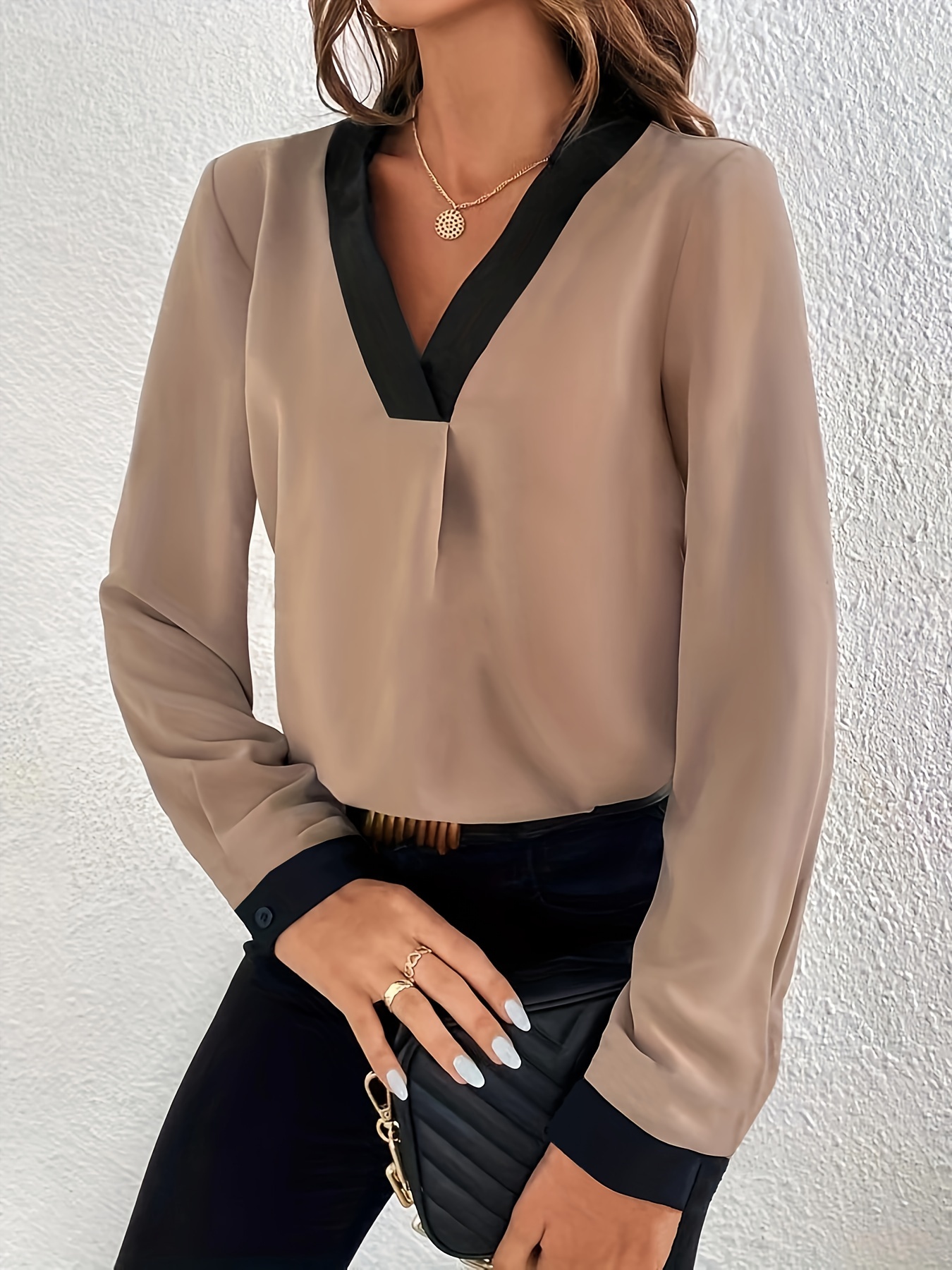 contrast trim v neck blouse elegant long sleeve blouse for spring fall womens clothing details 8