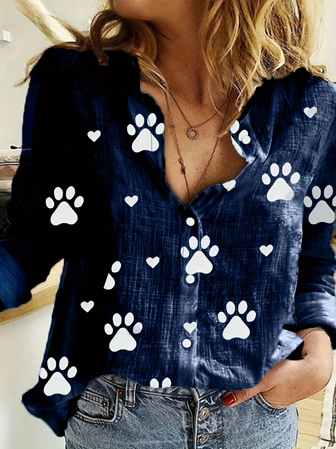 paw print button front shirt casual long sleeve shirt for spring fall womens clothing details 0