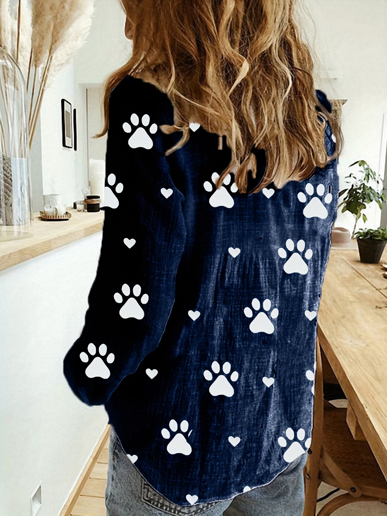 paw print button front shirt casual long sleeve shirt for spring fall womens clothing details 1