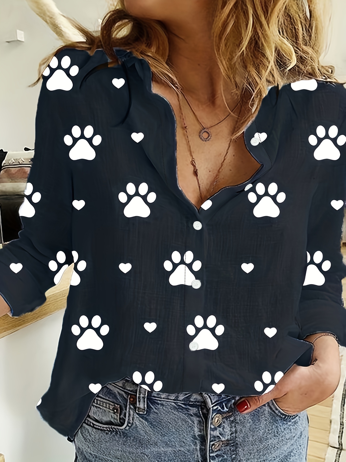 paw print button front shirt casual long sleeve shirt for spring fall womens clothing details 3