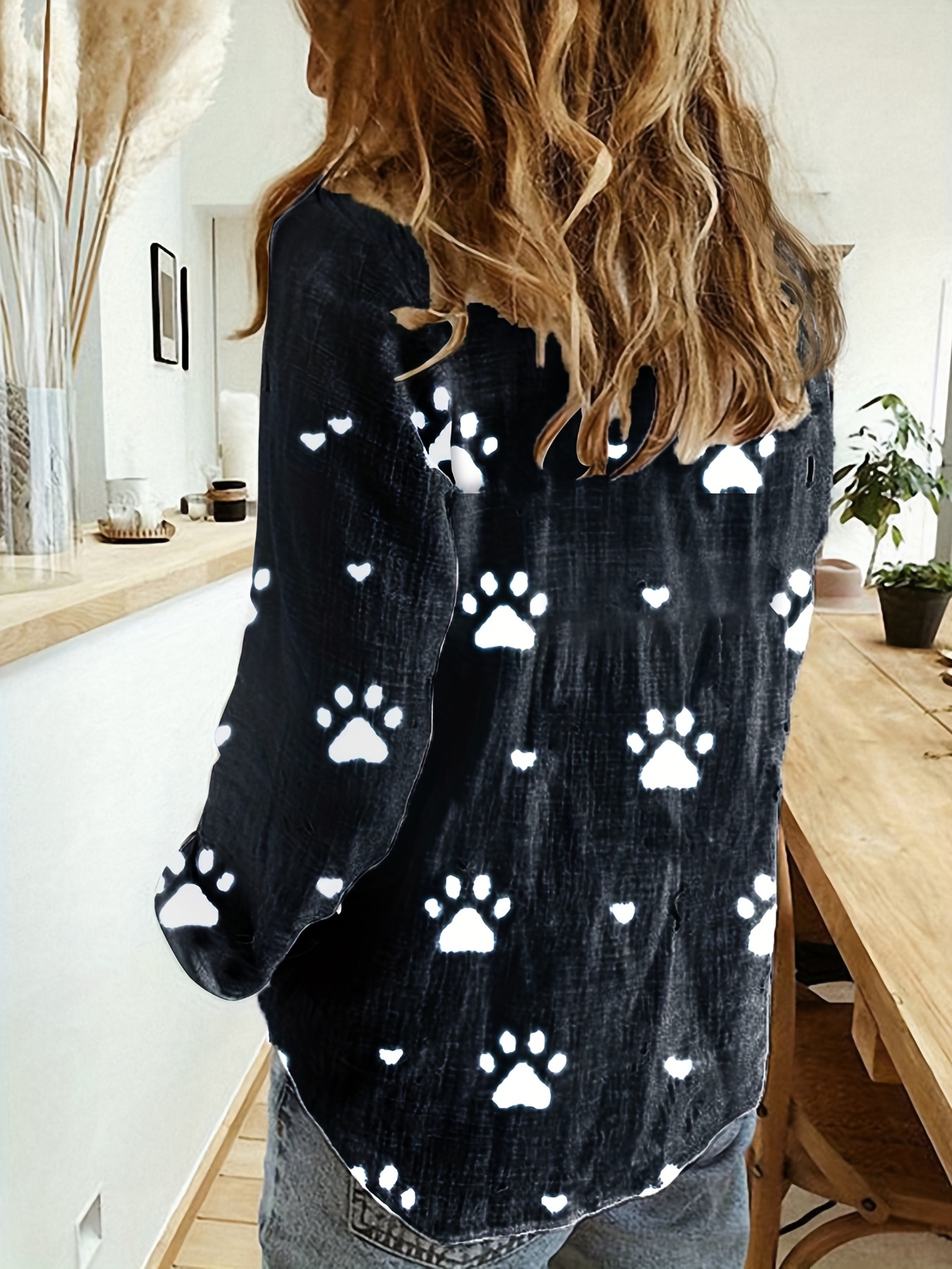 paw print button front shirt casual long sleeve shirt for spring fall womens clothing details 4