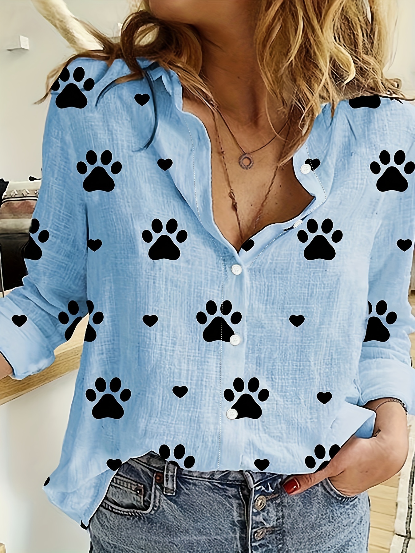 paw print button front shirt casual long sleeve shirt for spring fall womens clothing details 6