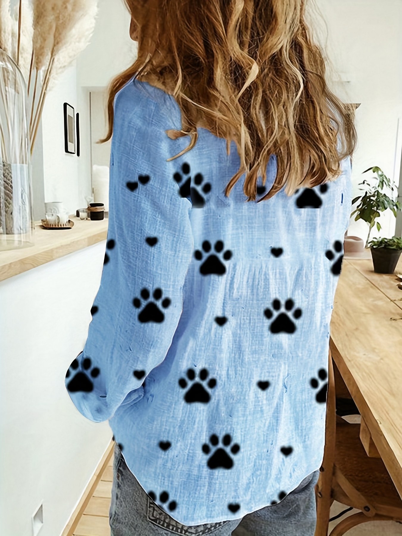 paw print button front shirt casual long sleeve shirt for spring fall womens clothing details 7