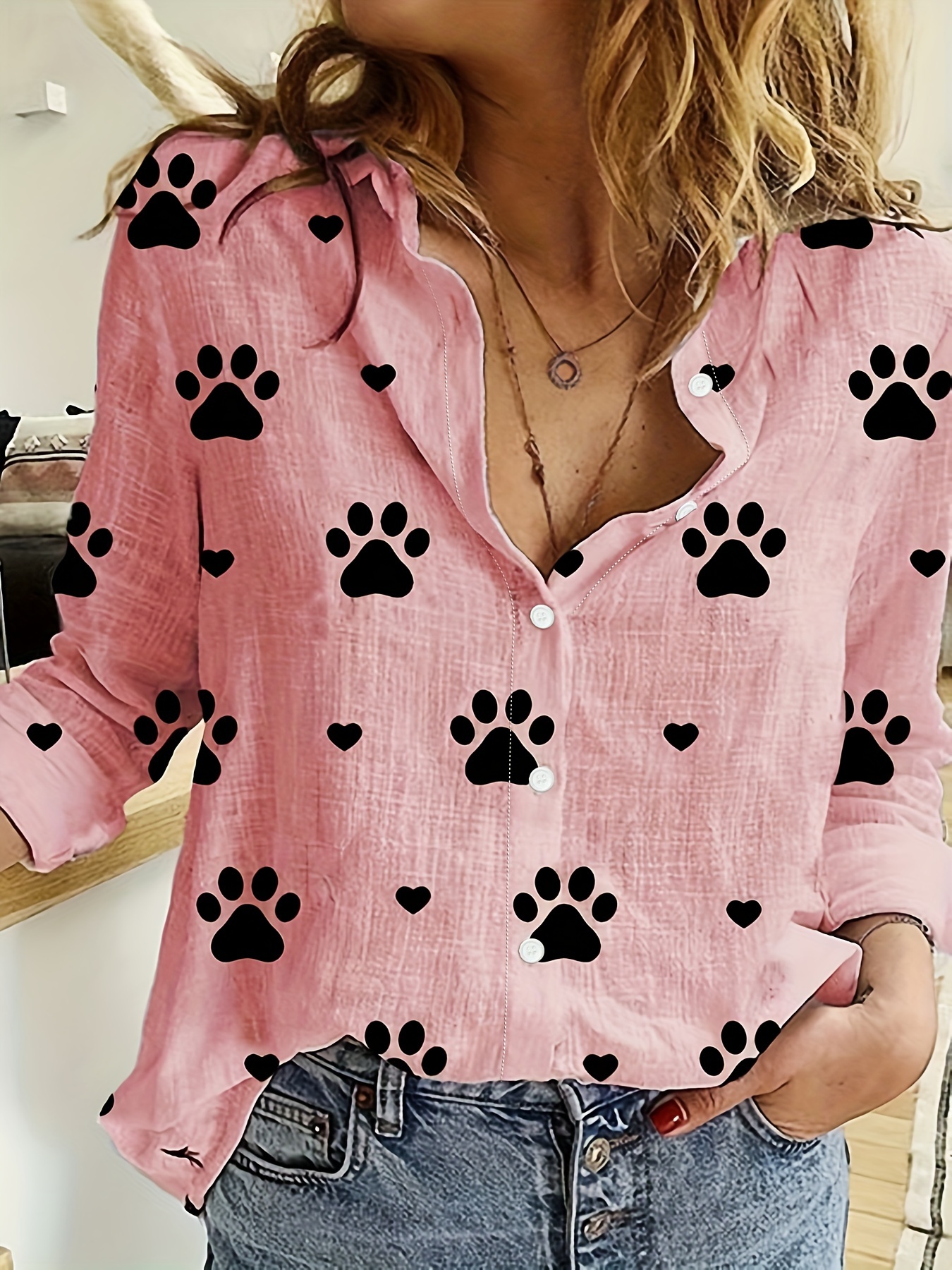 paw print button front shirt casual long sleeve shirt for spring fall womens clothing details 9