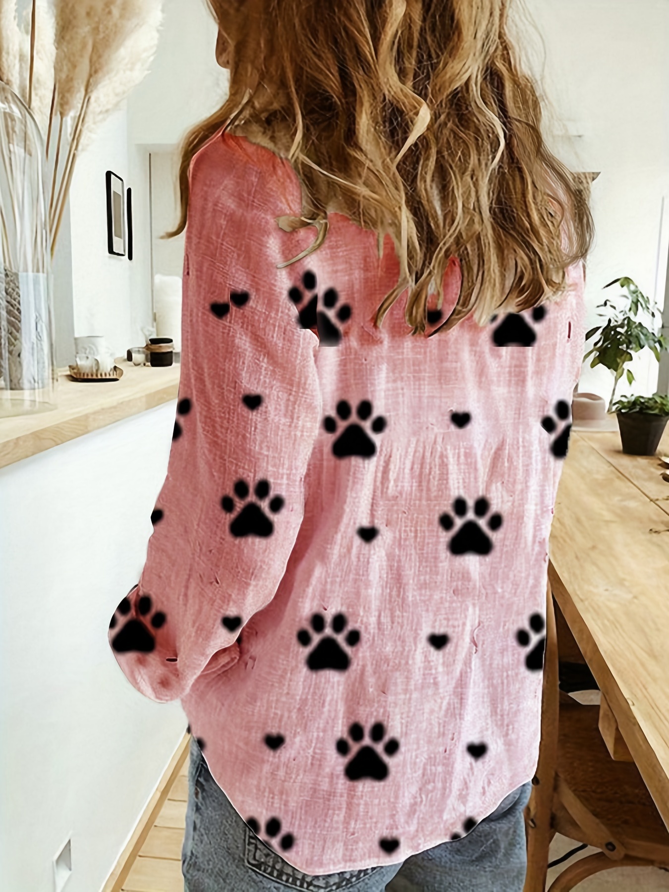 paw print button front shirt casual long sleeve shirt for spring fall womens clothing details 10