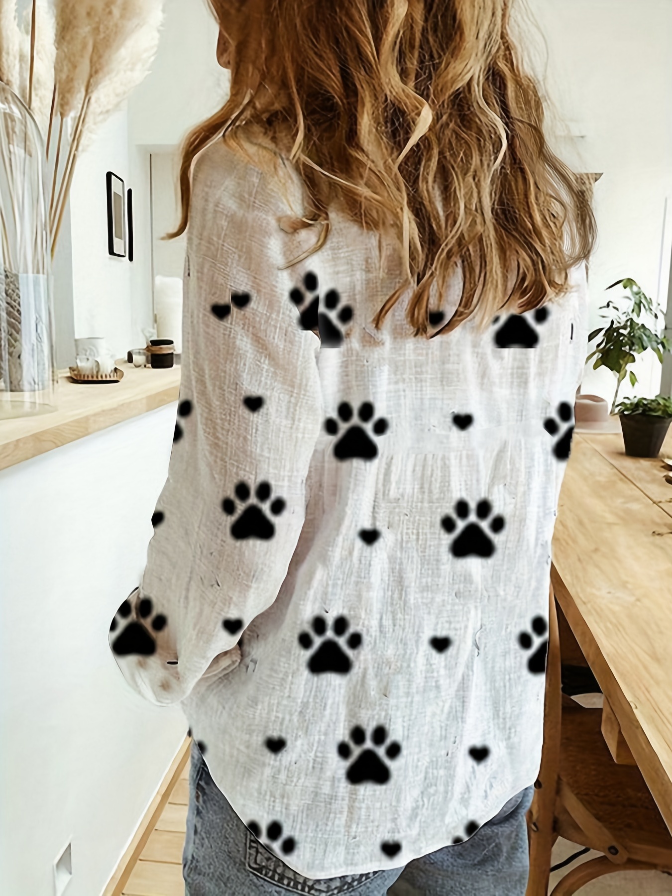 paw print button front shirt casual long sleeve shirt for spring fall womens clothing details 12