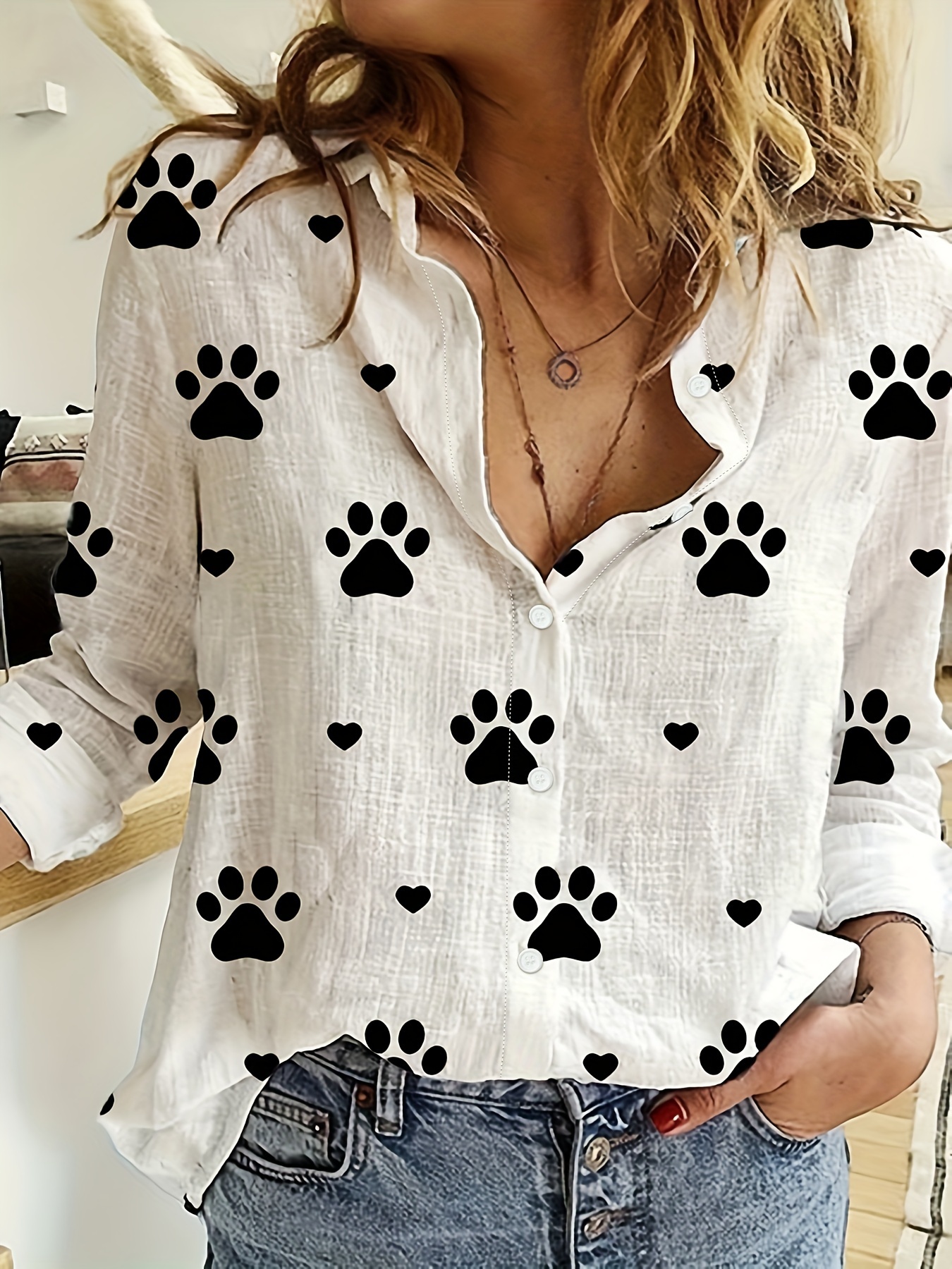 paw print button front shirt casual long sleeve shirt for spring fall womens clothing details 13