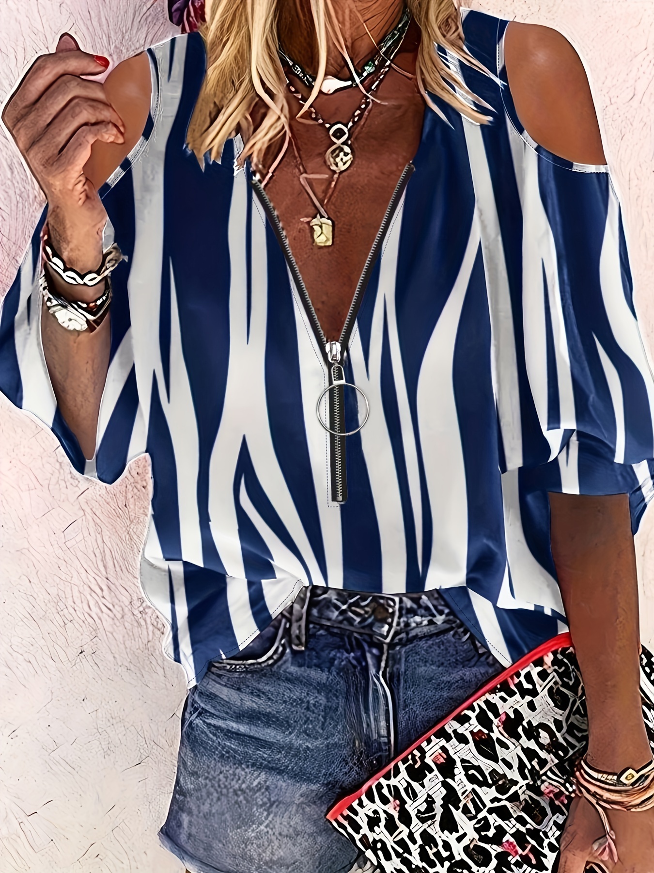 irregular stripe zipper front blouse casual cold shoulder blouse for spring summer womens clothing details 9