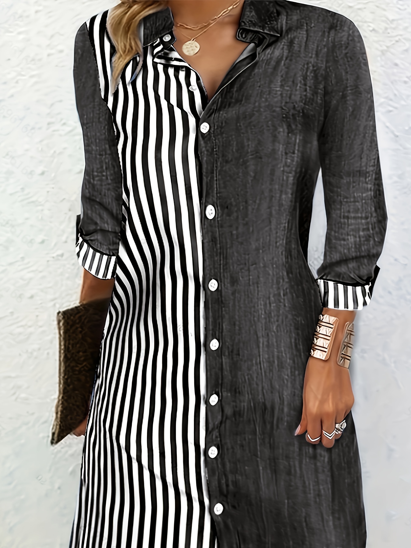 striped color block shirt casual button front long sleeve shirt womens clothing details 3