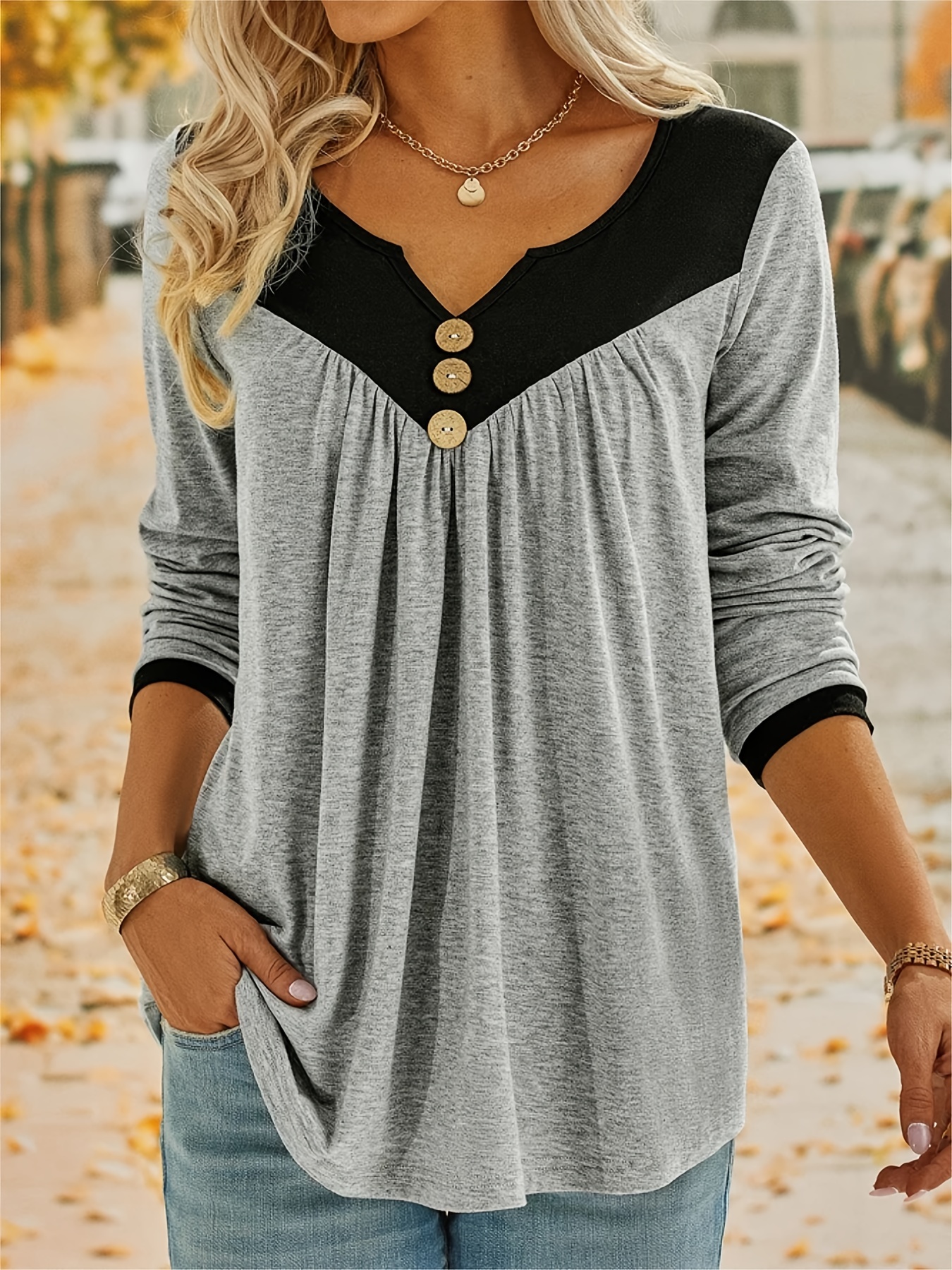 womens color block v neck long sleeve tops casual daily pullover t shirts womens clothing details 9