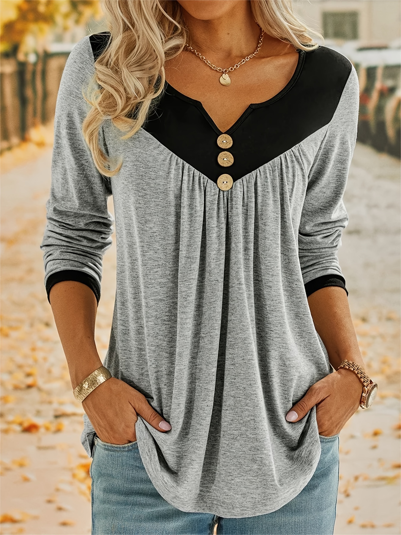 womens color block v neck long sleeve tops casual daily pullover t shirts womens clothing details 10