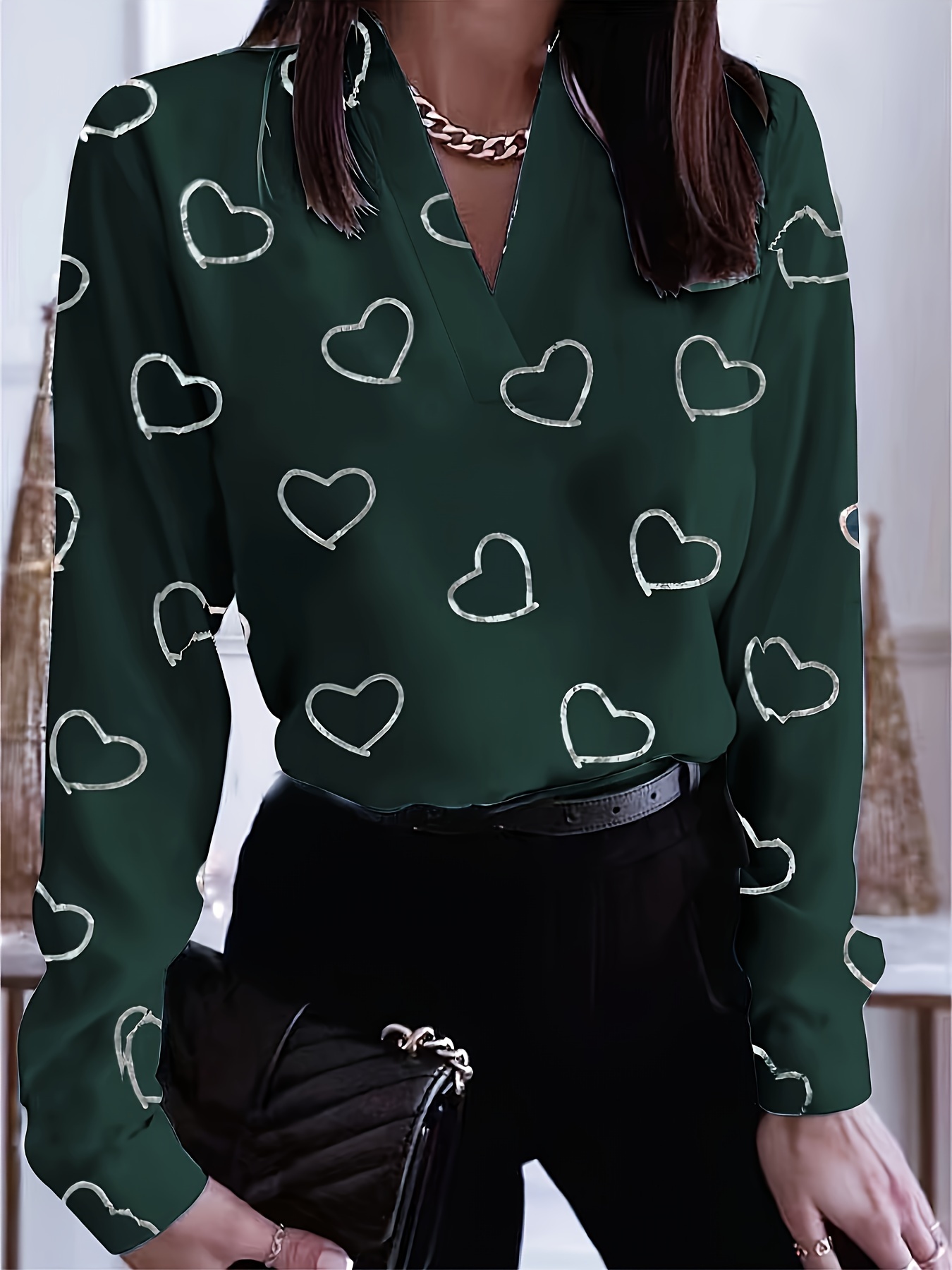 heart print v neck blouse elegant long sleeve versatile blouse womens clothing details 8