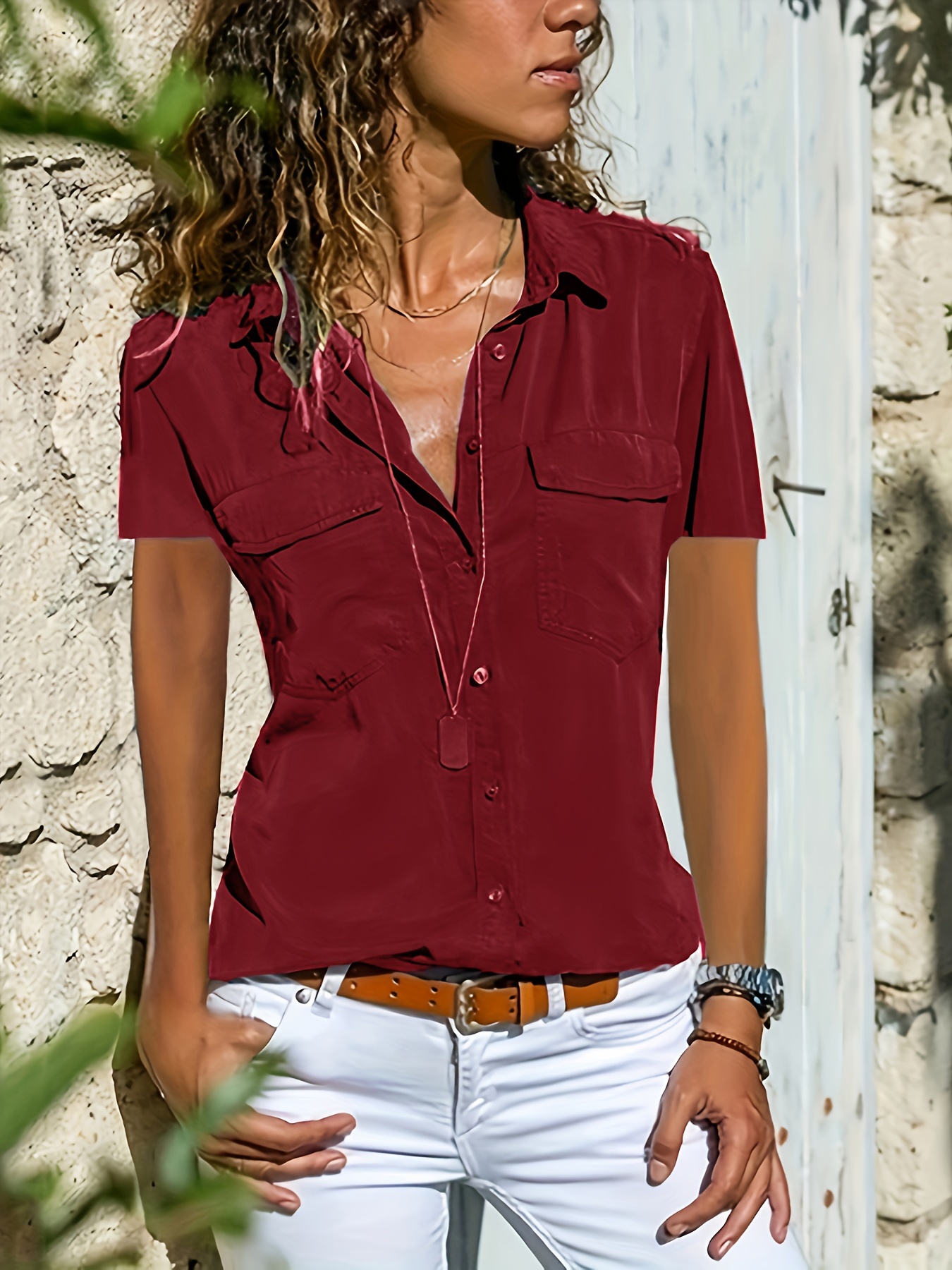 solid button front shirt casual turn down collar short sleeve summer shirt womens clothing details 5