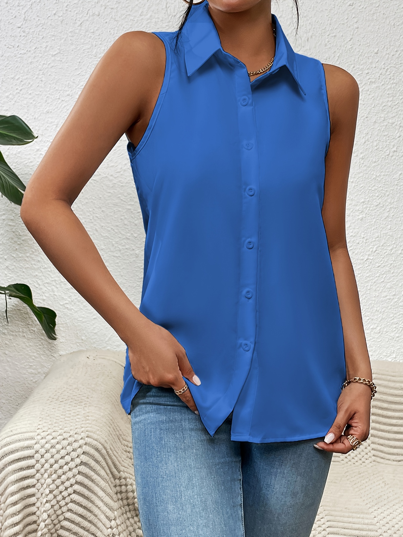 button front sleeveless shirt casual solid work office shirt with a collar womens clothing details 8