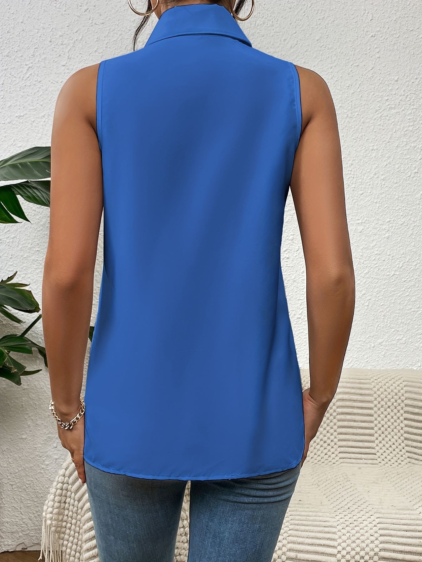 button front sleeveless shirt casual solid work office shirt with a collar womens clothing details 9