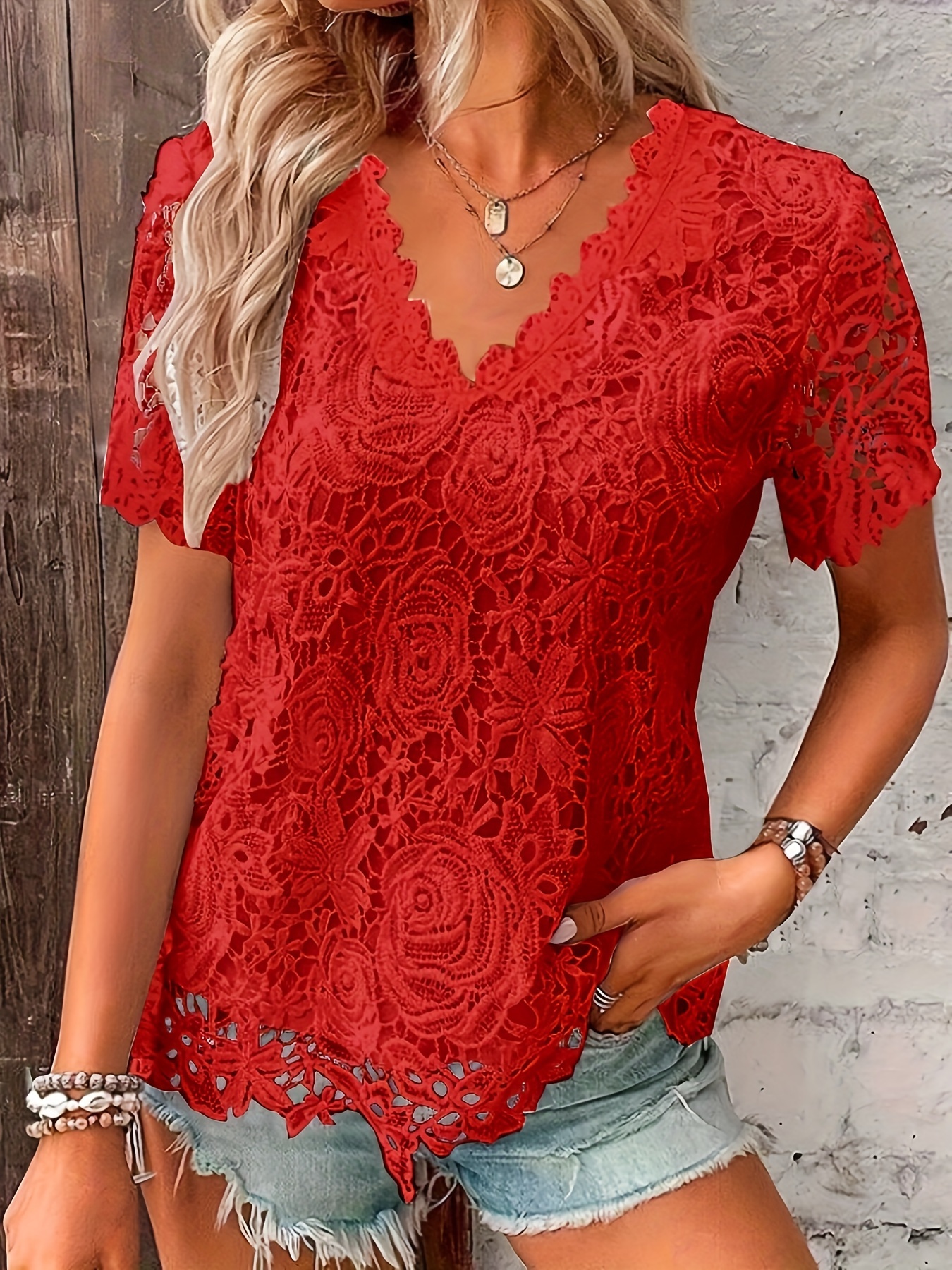 solid color v neck lace t shirt casual short sleeve t shirt for spring summer womens clothing details 3