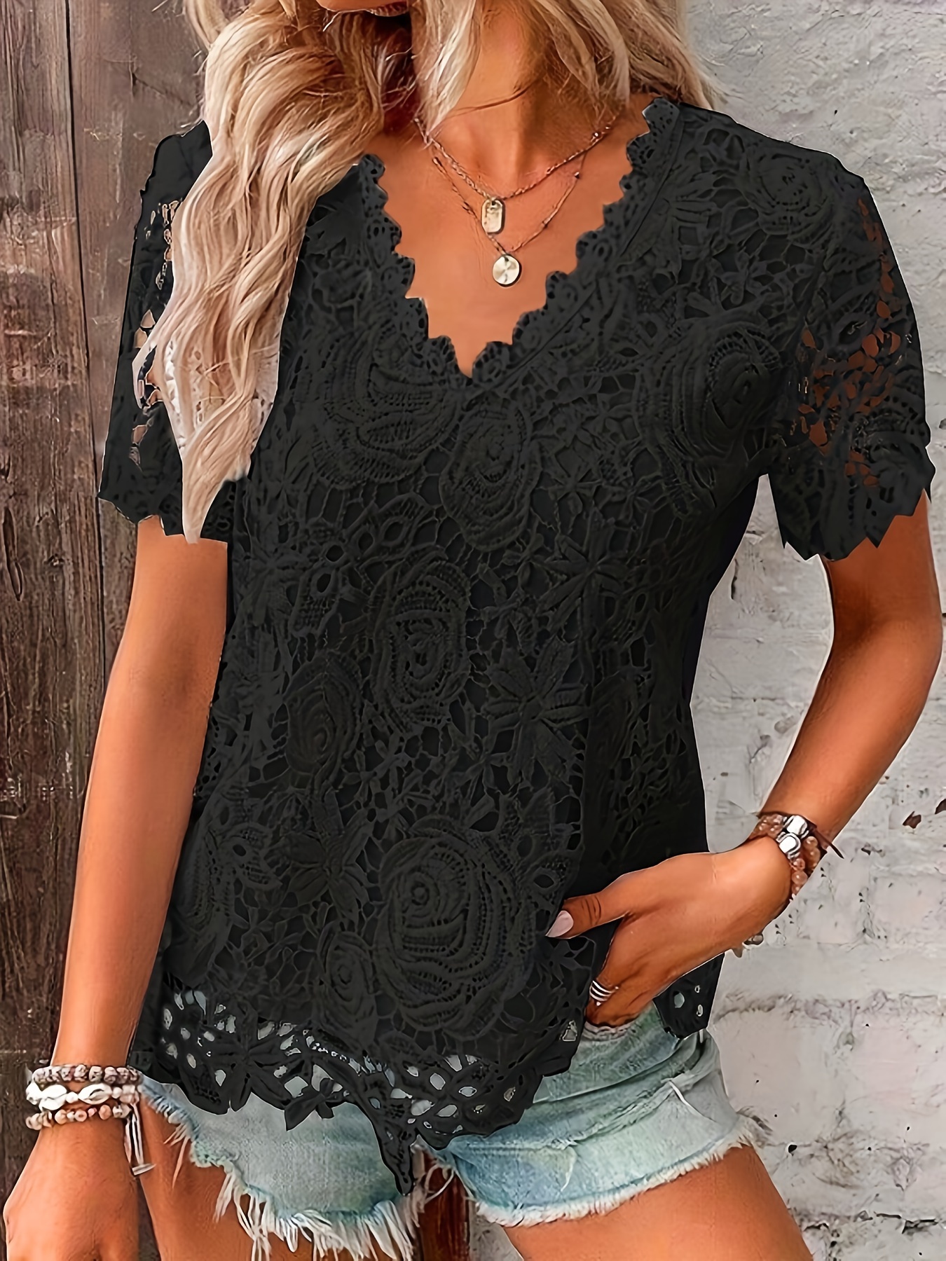 solid color v neck lace t shirt casual short sleeve t shirt for spring summer womens clothing details 9