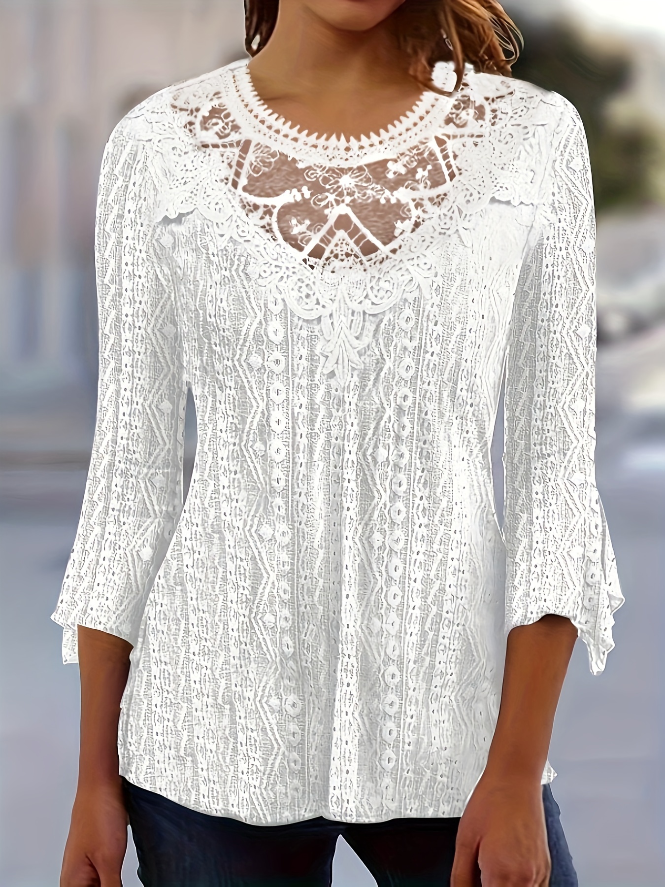 contrast lace 3 4 sleeve blouse elegant crew neck solid blouse womens clothing details 0