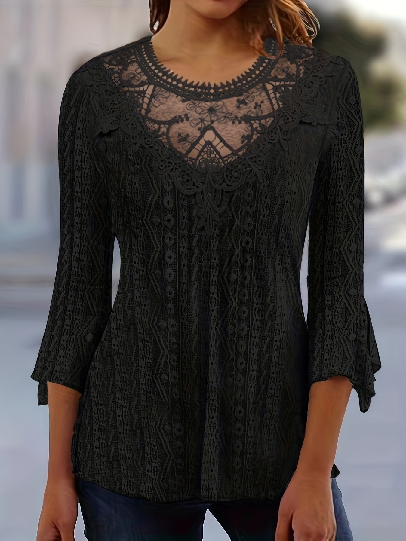 contrast lace 3 4 sleeve blouse elegant crew neck solid blouse womens clothing details 3