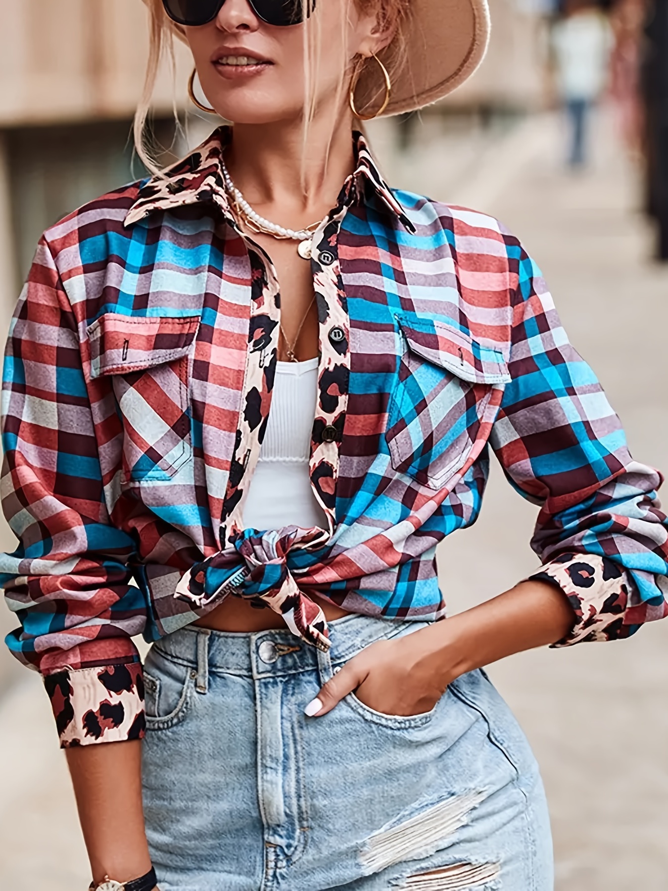 casual colorful gingham button blouses v neck long sleeve fashion loose tops womens clothing details 0