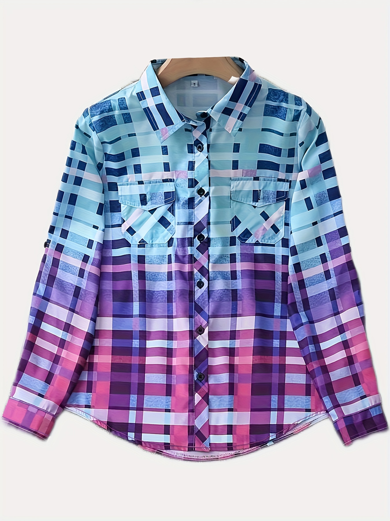 casual colorful gingham button blouses v neck long sleeve fashion loose tops womens clothing details 19