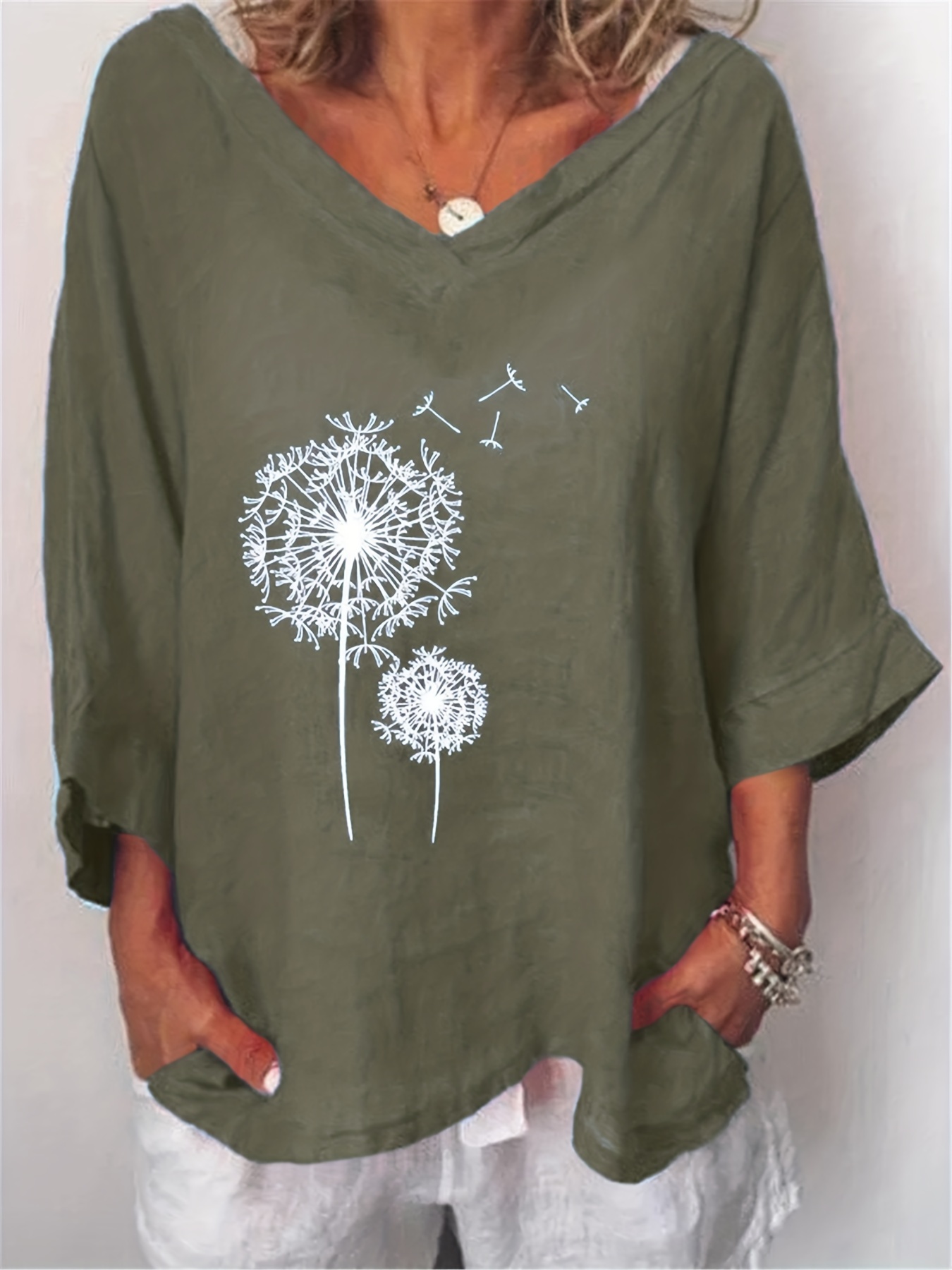 dandelion print blouse casual v neck 3 4 sleeve blouse womens clothing details 0