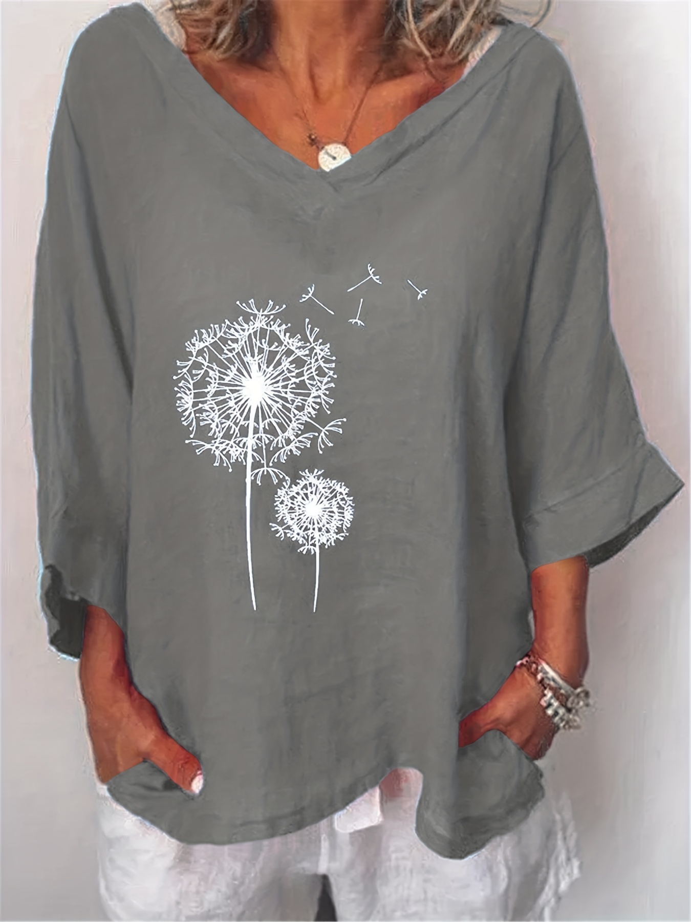 dandelion print blouse casual v neck 3 4 sleeve blouse womens clothing details 3