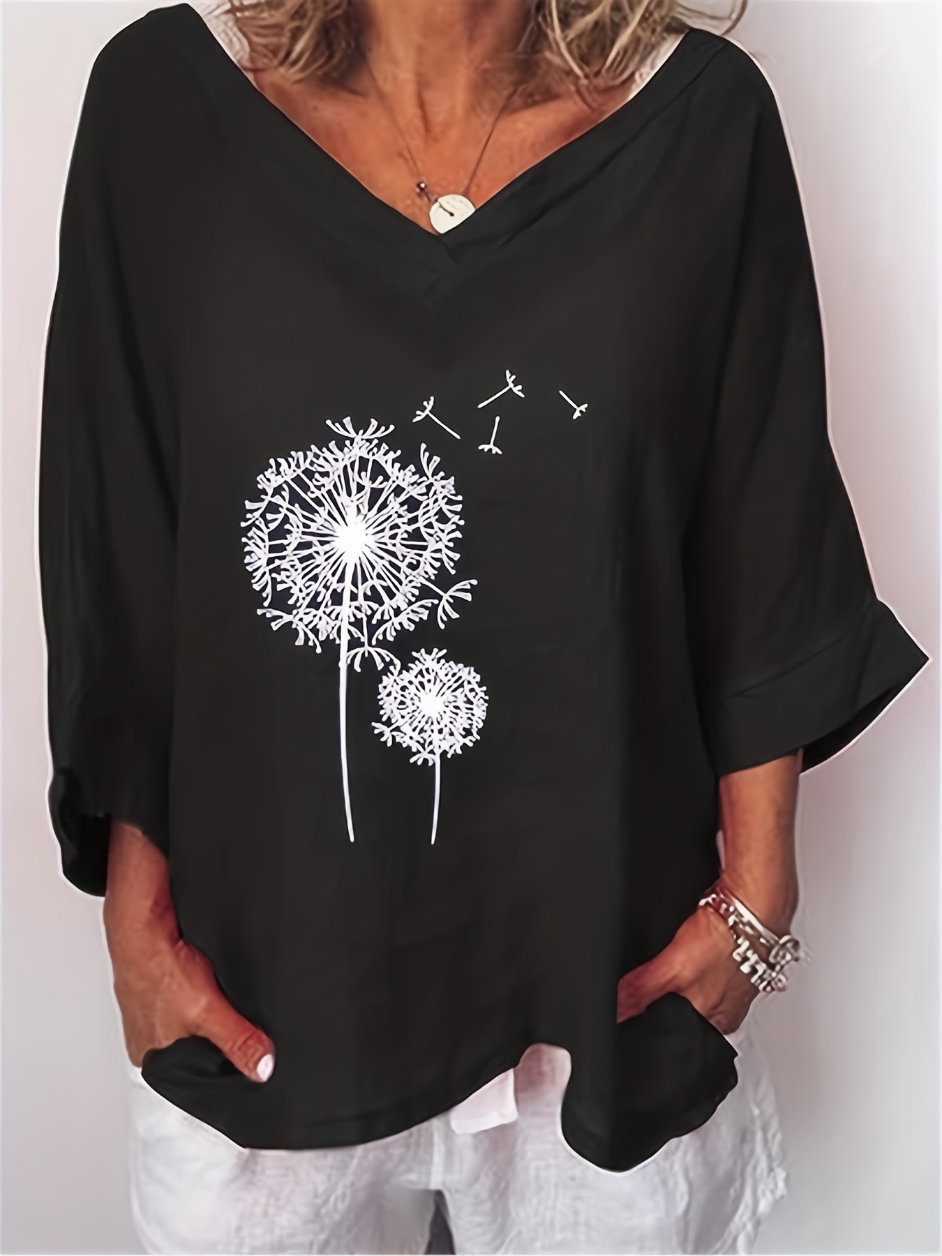 dandelion print blouse casual v neck 3 4 sleeve blouse womens clothing details 6